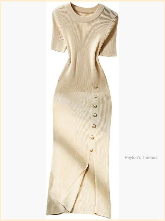 Dresses & Skirts - Short Sleeve Sweater Dress Ribbed Knit Button Front Split Thigh Bodycon Midi